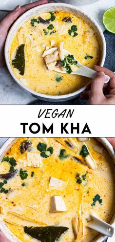 two images showing different types of soup in bowls with the title vegan tom kha