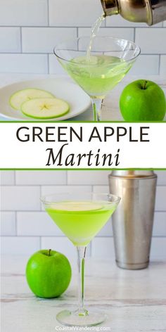 the green apple martini is garnished with sliced apples and served in coupe glasses