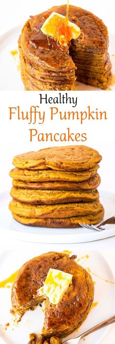 healthy fluffy pumpkin pancakes with butter and syrup