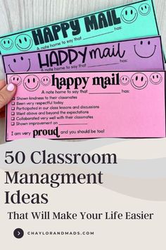 two classroom management cards with the words happy mail on them