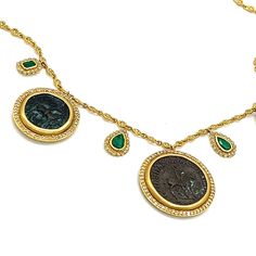 Ancient Coin Emerald & Diamond Necklace Antiquity Three Hanging Coins & Three Emeralds with Brilliant & Rose Cut Diamonds in 20k Yellow Gold 20k Yellow Gold Emerald Diamond Luxury Coin Necklace With Round Pendant, Luxury Coin Pendant Necklace For Formal Occasions, Luxury Pendant Coin Necklace For Formal Occasions, Luxury Jewelry With Coin Pendant, Luxury Hallmarked Coin-shaped Jewelry, Luxury Coin Pendant Necklace For Anniversary, Luxury Anniversary Necklace With Coin Pendant, Emerald Diamond Necklace, Ancient Coin