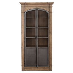 an old wooden bookcase with glass doors on the front and bottom shelves, isolated against a white background