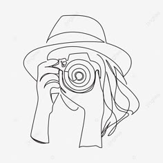 a drawing of a person wearing a hat and holding a camera to their face with one hand