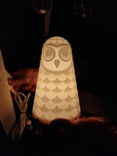 an owl lamp is lit up in the dark with its eyes closed and hands holding it