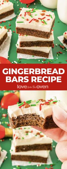 gingerbread bars with white frosting and sprinkles are being held up