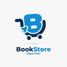 book store logo design with blue letters and an arrow in the shape of a shopping cart