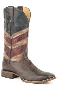 MENS LEATHER COWBOY BOOT AMERICAN FLAG BURNISHED BROWN WITH RED WHITE AND BLUE SQUARE Tin Haul Boots, Americana Design, New Americana, Dan Post Boots, Cowboy Boots Square Toe, Americana Vintage, Lucchese Boots, Georgia Boots, Roper Boots