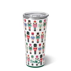 the travel mug has many different people on it