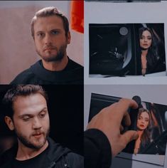 a collage of photos showing a man holding a woman's face in front of him