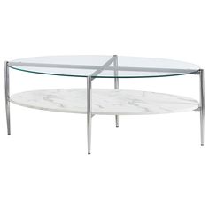 a white marble and chrome coffee table with two glass shelves on each side, one shelf is