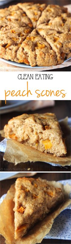 three different views of some food on top of each other with the words clean eating peach scones