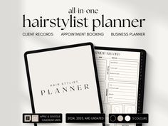 an advertisement for a hair stylist's planner with the title, all in one hairstylist planner