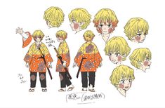 an anime character with blonde hair and various facial expressions, including the same expression as he is