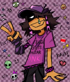 an image of a cartoon character with many different things around him and his name on the shirt