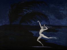 a painting of a woman dancing on the beach at night with palm trees in the background