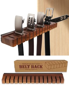 the belt rack is made out of wood and metal