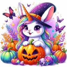 a white rabbit wearing a witches hat sitting on top of a pumpkin surrounded by butterflies