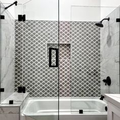 a white bath tub sitting next to a walk in shower