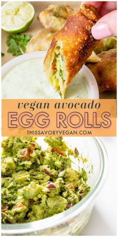 an egg roll being dipped with avocado and dipping sauce