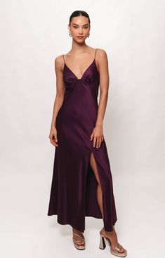 Bustier style high slit maxi slip dress Fabric: Satin Lined 58" from HPS Dry clean only Slip Dress Maxi, Screen Writing, Flamboyant Natural, Plum Dress, Deep Autumn, 2024 Style, Guest Attire, Wedding Attire Guest, Maxi Slip Dress