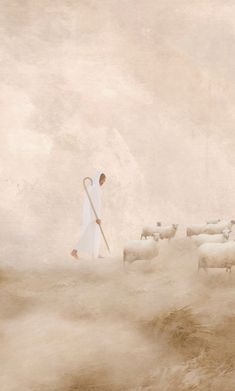 a painting of a shepherd leading his flock with sheep in the background and foggy sky