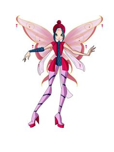 a woman dressed as a fairy with pink hair and purple shoes, standing in front of a white background