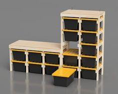 an assortment of black and yellow storage boxes