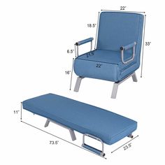 a blue chair and ottoman with measurements