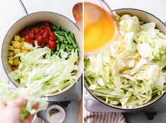 two pictures showing the process of making a salad