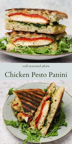 two plates with sandwiches stacked on top of each other and the words chicken pesto panini