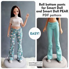 the doll is wearing blue pants and white shirt