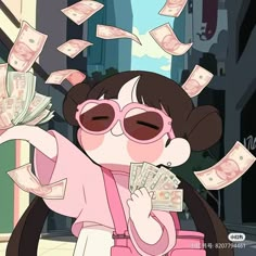 a cartoon girl with sunglasses and money falling from her hair