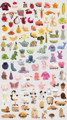 many different types of stuffed animals are shown in this image, and there is no image on