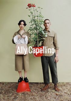 two people standing next to each other with plants in their hands and the words ally capellino above them