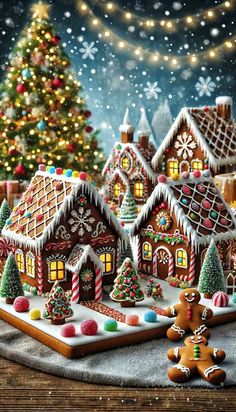 a christmas scene with gingerbread houses and trees