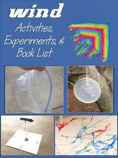 the book cover for wind activities, experiments and book list with pictures of different items