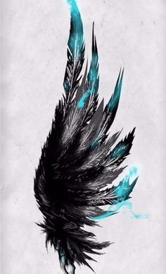 a black and blue feather flying through the air