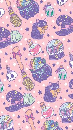 a pink wallpaper with many different items on it and stars in the sky above