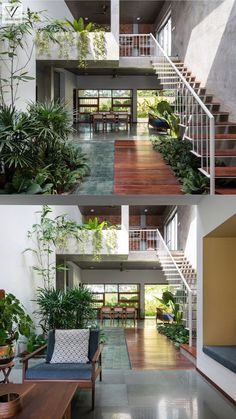 the inside and outside of a house with plants