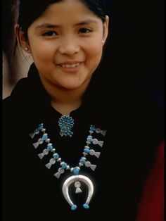 size: 24x18in Photographic Print: Navajo Child Modeling Turquoise Squash Blossom Necklace Made by Native Americans : Travel Squash Blossom Jewelry, Women Veterans, Native Beauty, Navajo Women, Native Child, Native American Children, Blossom Jewelry, Native American Images, Native Pride