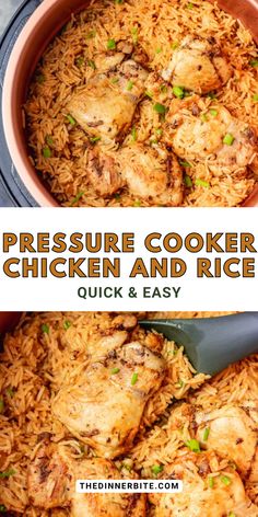 pressure cooker chicken and rice in a pot with the words pressure cooker chicken and rice