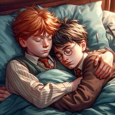 two young boys laying in bed with their arms around each other