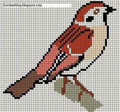 a cross stitch pattern with a bird holding a baseball bat in it's beak