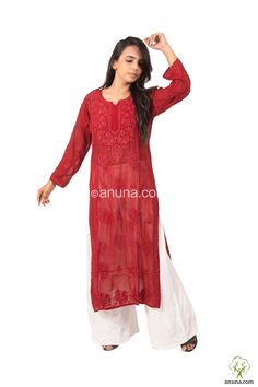 Highlights 100% Handcrafted Product Color: Maroon Kurti Fabric: Muslin Neck: Round Neck Sleeve Length: Full Sleeves Package Contains: 1 Chikan Embroidered Kurta  Care Instructions: Regular Machine Wash, Do not bleach, Gentle Machine Wash Description Following the Anuna chikankari one-of-a-kind aesthetic, this long fit and flare chikankari kurta has been handcrafted in Muslin cotton fabric and features Round Neck with Full sleeves. Pair this with palazzos or denim and get the world go gaga about Unstitched Salwar Kameez With Chikankari Embroidery For Puja, Chikankari Embroidery Georgette Kurta For Puja, Chikankari Embroidery Georgette Traditional Wear For Puja, Salwar Kameez With Chikankari Embroidery For Puja And Navratri, Puja Salwar Kameez With Chikankari Embroidery, Long Traditional Wear With Chikankari Embroidery For Diwali, Long Traditional Wear With Chikankari For Diwali, Navratri Puja Salwar Kameez With Chikankari Embroidery, Semi-stitched Chikankari Embroidery Kurta For Puja