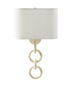 a table lamp with a white shade on it and a chain hanging from the side