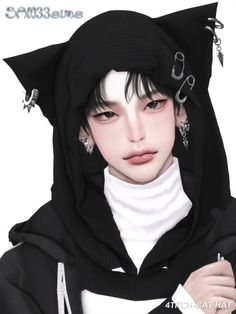 a woman with black hair and piercings wearing a cat hoodie is posing for the camera