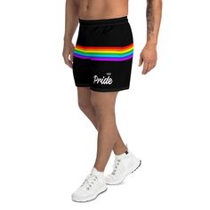 Introducing our Rainbow Stripe Pride Shorts in Black, the perfect addition to your summer wardrobe! Made from a soft and lightweight fabric, these shorts offer ultimate comfort and breathability, making them perfect for any outdoor activity. The classic white color is accented with vibrant rainbow stripes, representing inclusivity, diversity, and pride. These shorts are not only stylish but also functional. They feature an elastic waistband and a drawstring closure, ensuring a secure and comfort Black Rainbow, Pride Merch, Pride Parade, White Flats, Outdoor Activity, Long Shorts, Rainbow Stripes, Gay Pride, Beach Party