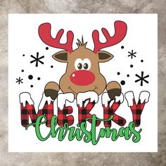 merry christmas reindeer with red nose and plaid stockings on white background, surrounded by snowflakes