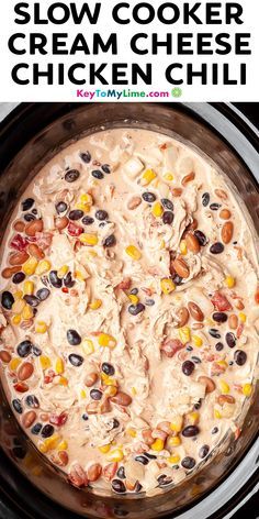 slow cooker cream cheese chicken chili in the crock pot with text overlay