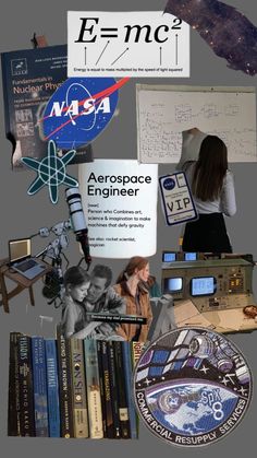 collage of nasa related items including books and magnets